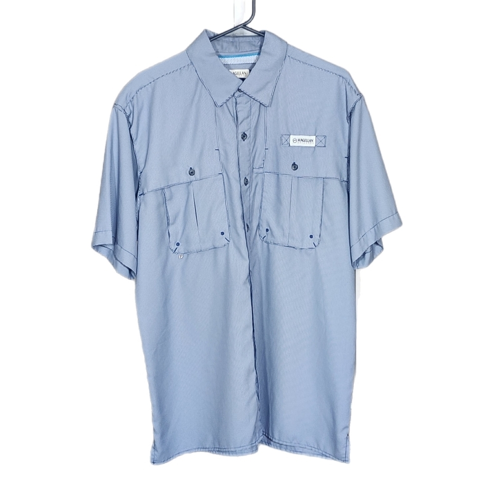 Magellan Men's Short Sleeve Button Front Shirt Sz Medium Blue White Design 0755